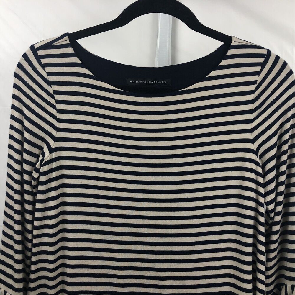 White House Black Market Top Women XS Blue Beige Stripe Layered Tunic Stretch - Picture 12 of 12